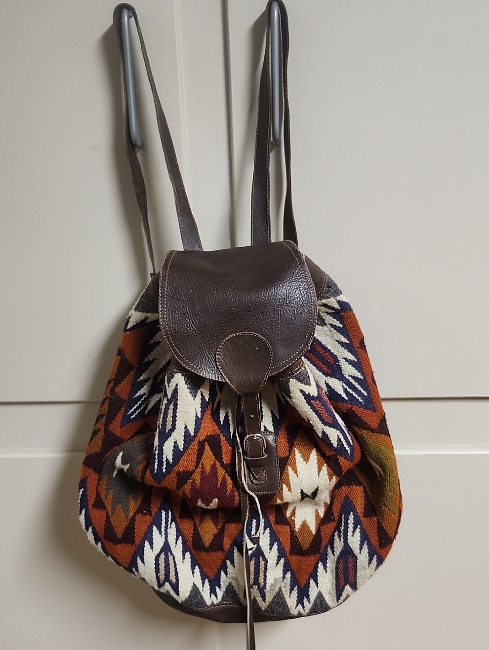 Vintage Brown Leather-Trim Navaho Wool Patterned Backpack